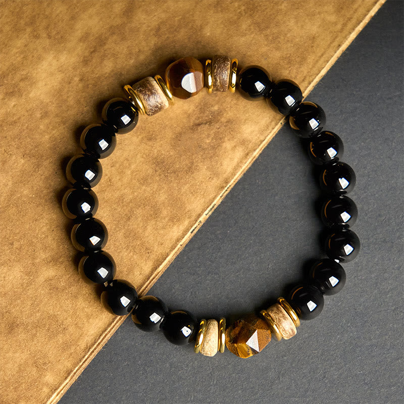 Sectional Black Obsidian & Tiger Eye Beads Bracelet for Energetic Clearing
