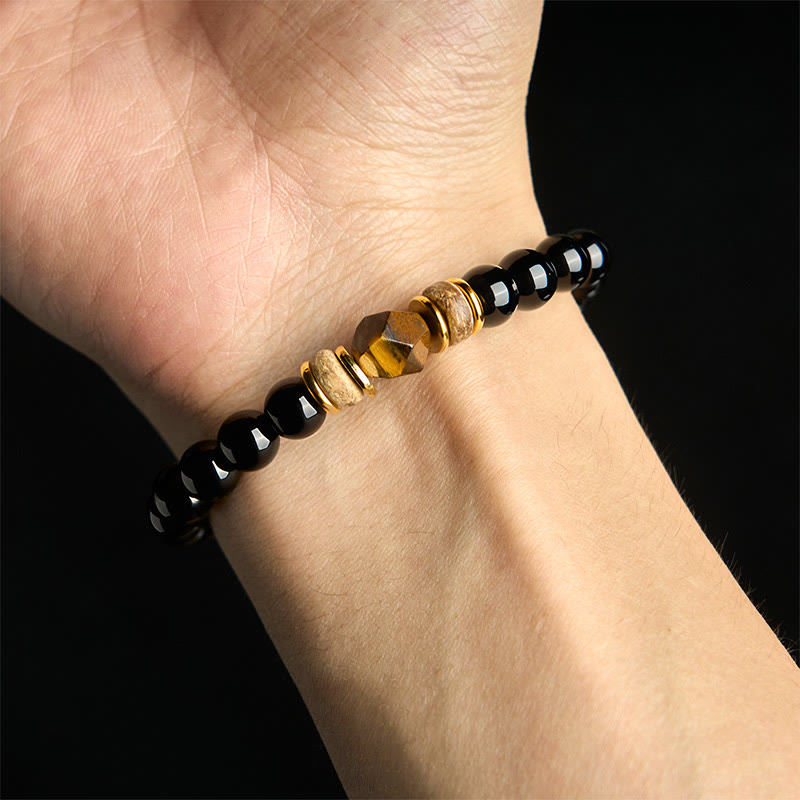 Sectional Black Obsidian & Tiger Eye Beads Bracelet for Energetic Clearing