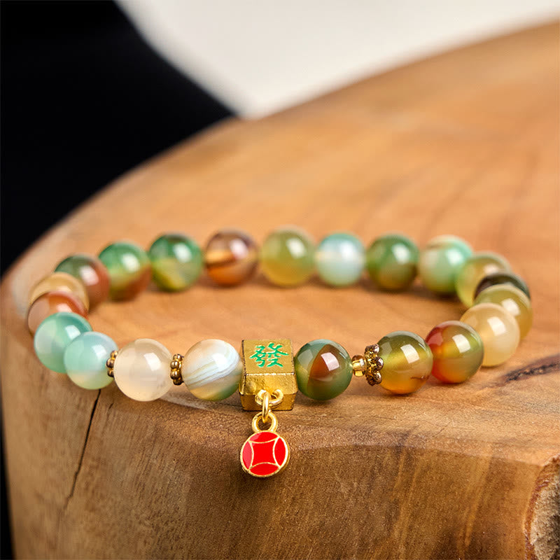 Natural Peacock Agate and Chinese Coin Courage Bracelet