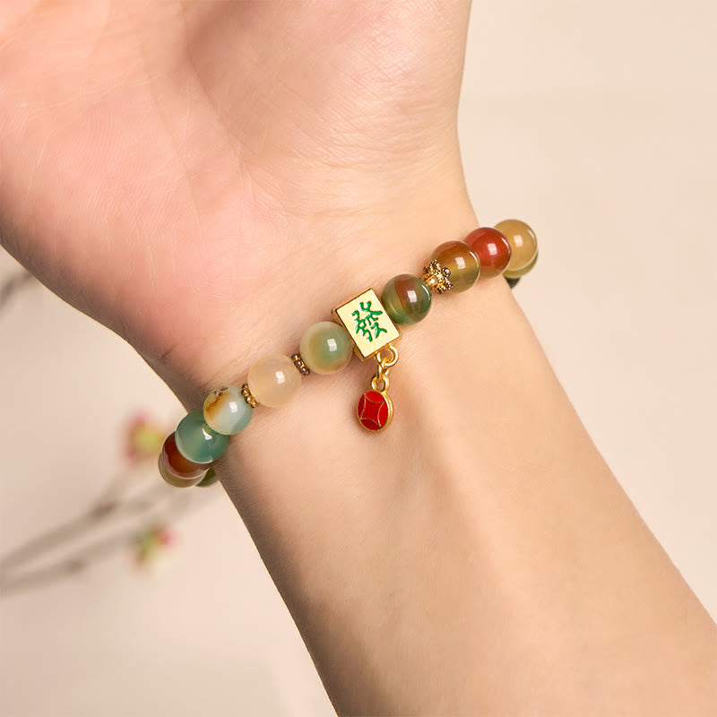 Natural Peacock Agate and Chinese Coin Courage Bracelet