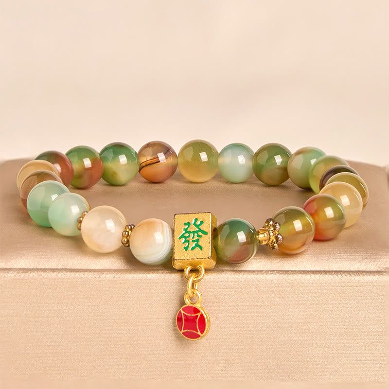 Natural Peacock Agate and Chinese Coin Courage Bracelet