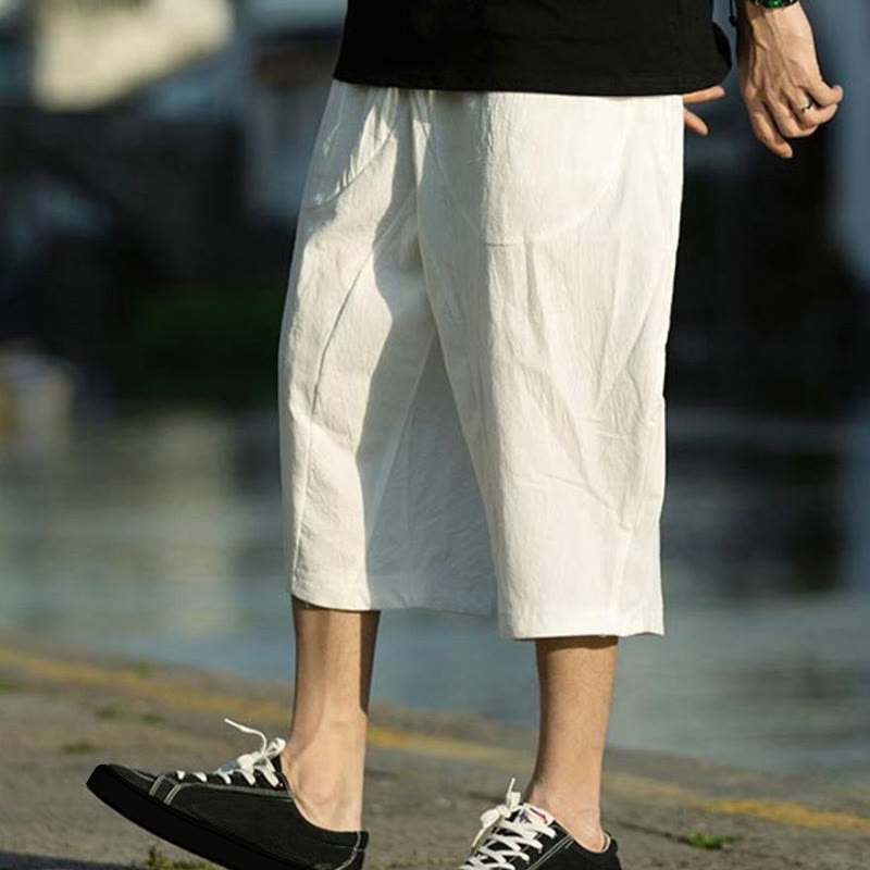 Breathable Cotton Linen Crop Straight-Leg Meditation Pants