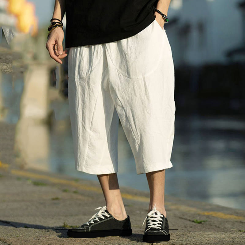 Breathable Cotton Linen Crop Straight-Leg Meditation Pants