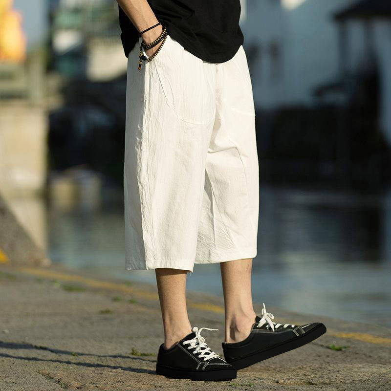 Breathable Cotton Linen Crop Straight-Leg Meditation Pants