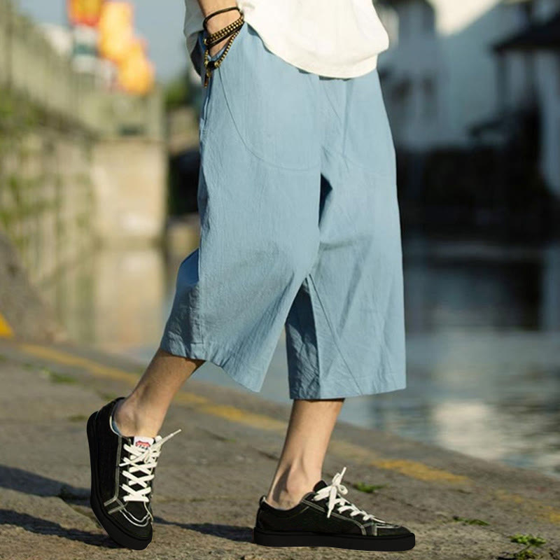Breathable Cotton Linen Crop Straight-Leg Meditation Pants