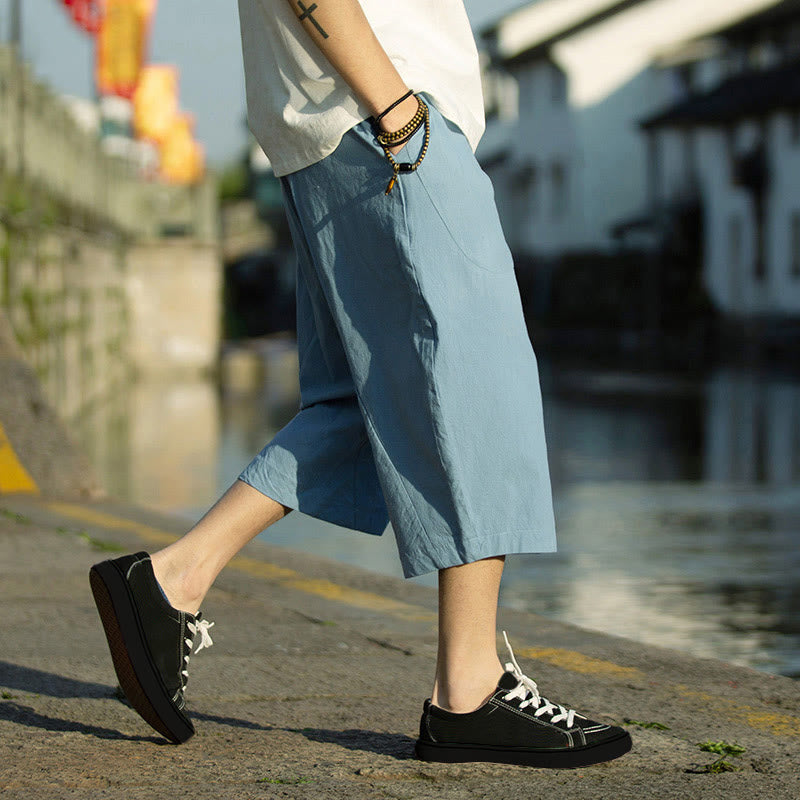 Breathable Cotton Linen Crop Straight-Leg Meditation Pants