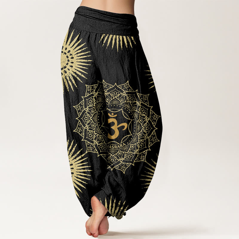 Cotton Harem Meditation Pants with Sacred Mandala and Sun Motif