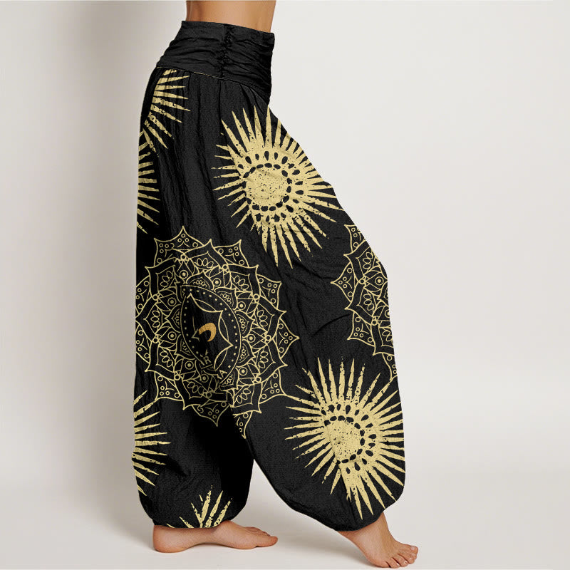 Cotton Harem Meditation Pants with Sacred Mandala and Sun Motif