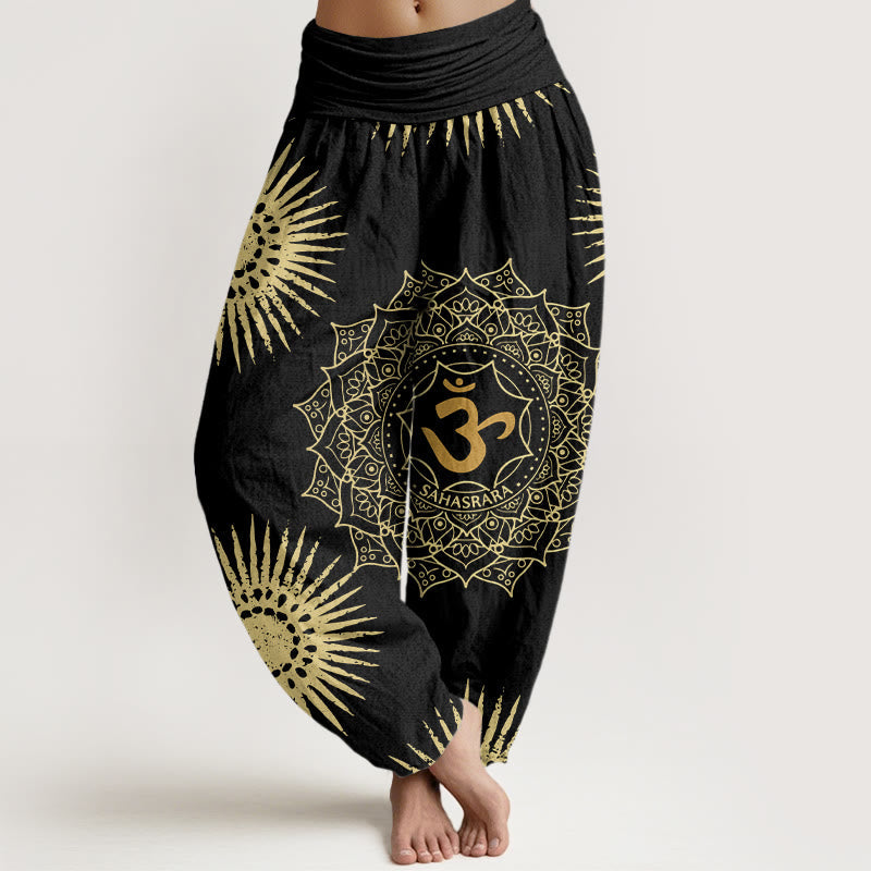 Cotton Harem Meditation Pants with Sacred Mandala and Sun Motif
