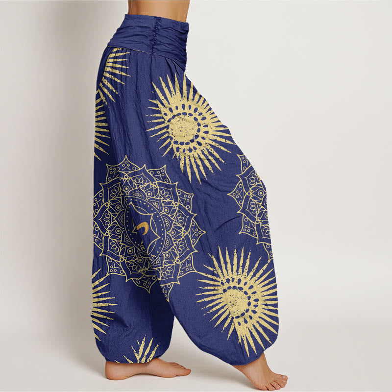 Cotton Harem Meditation Pants with Sacred Mandala and Sun Motif