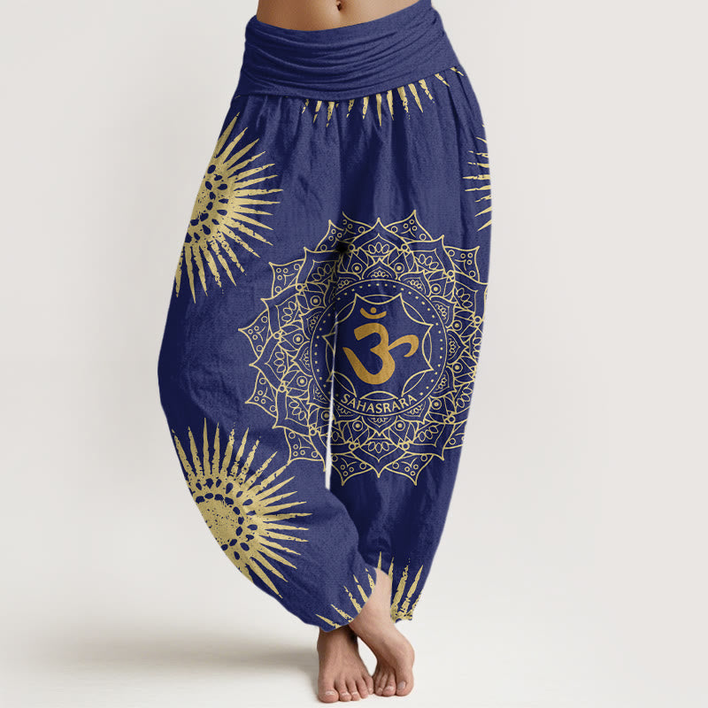 Cotton Harem Meditation Pants with Sacred Mandala and Sun Motif