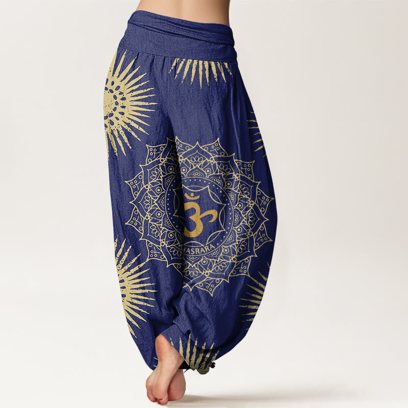 Cotton Harem Meditation Pants with Sacred Mandala and Sun Motif