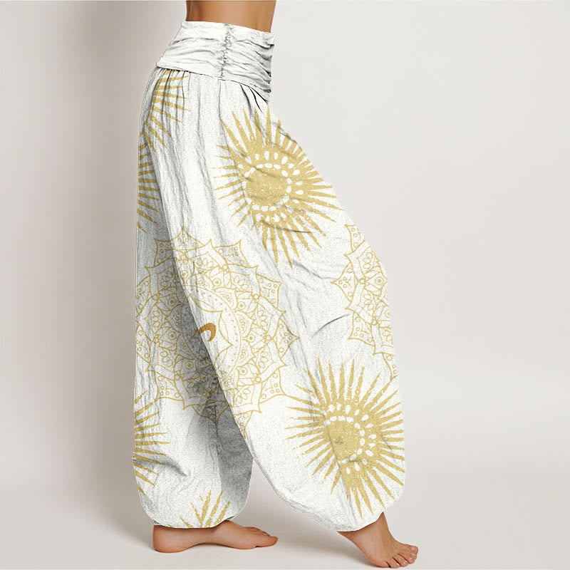 Cotton Harem Meditation Pants with Sacred Mandala and Sun Motif