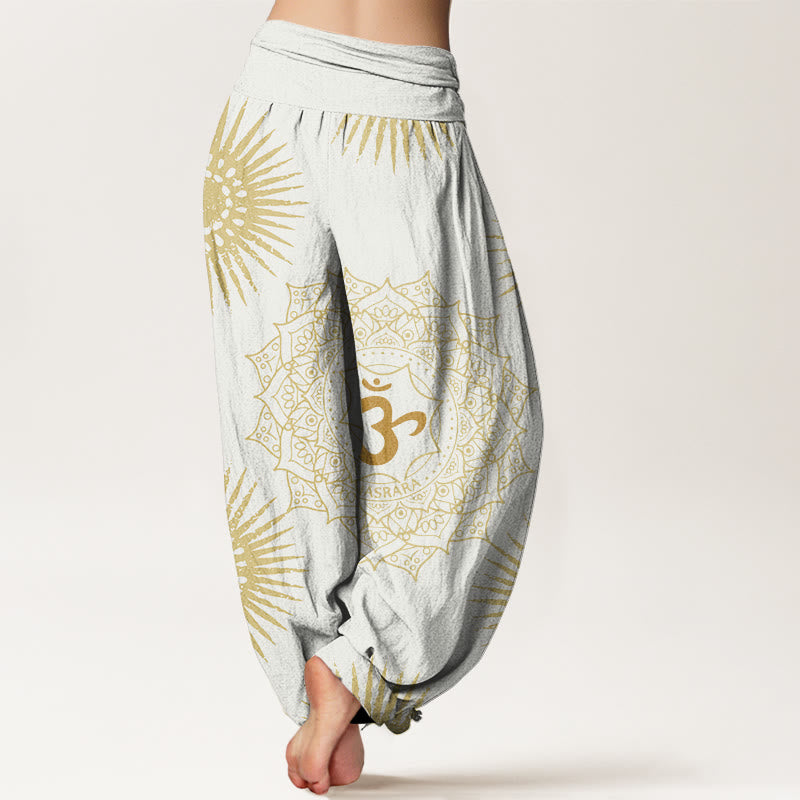 Cotton Harem Meditation Pants with Sacred Mandala and Sun Motif