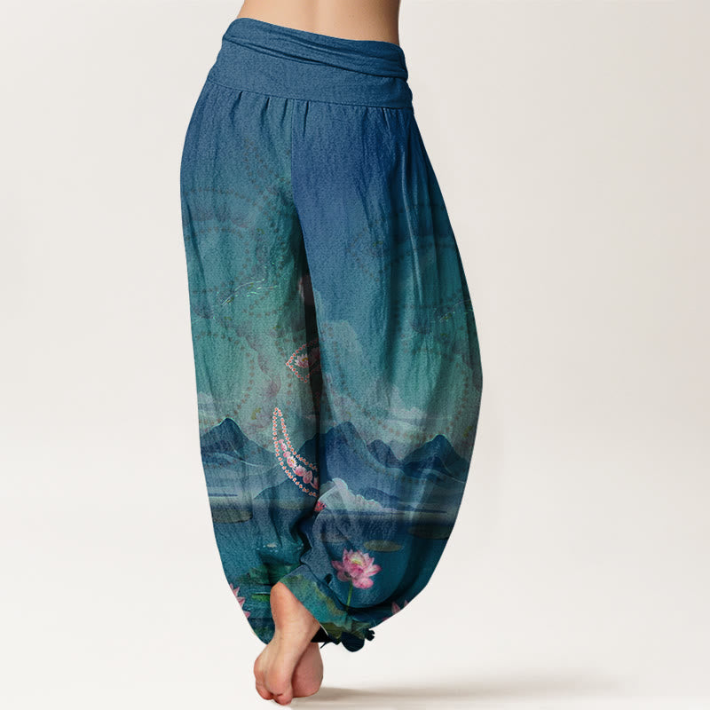 Cotton Modal-Waist Draped Lotus Print Meditation Harem Pants