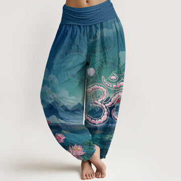 Cotton Modal-Waist Draped Lotus Print Meditation Harem Pants
