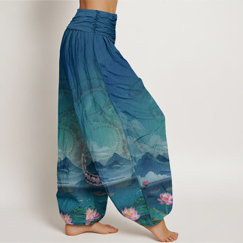 Cotton Modal-Waist Draped Lotus Print Meditation Harem Pants