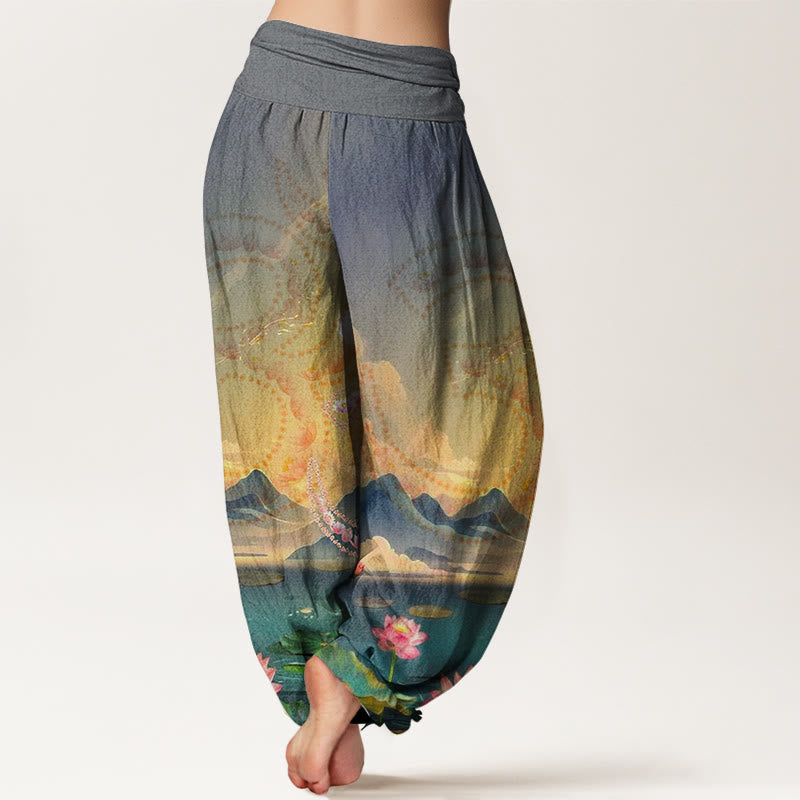 Cotton Modal-Waist Draped Lotus Print Meditation Harem Pants
