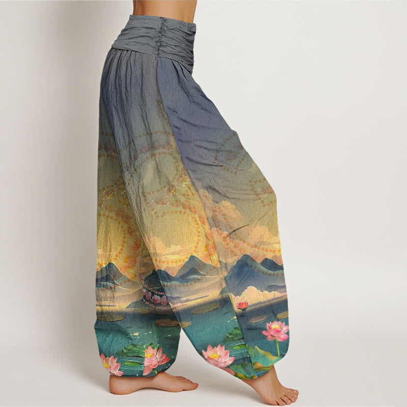 Cotton Modal-Waist Draped Lotus Print Meditation Harem Pants