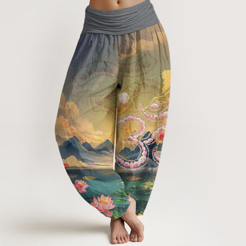 Cotton Modal-Waist Draped Lotus Print Meditation Harem Pants