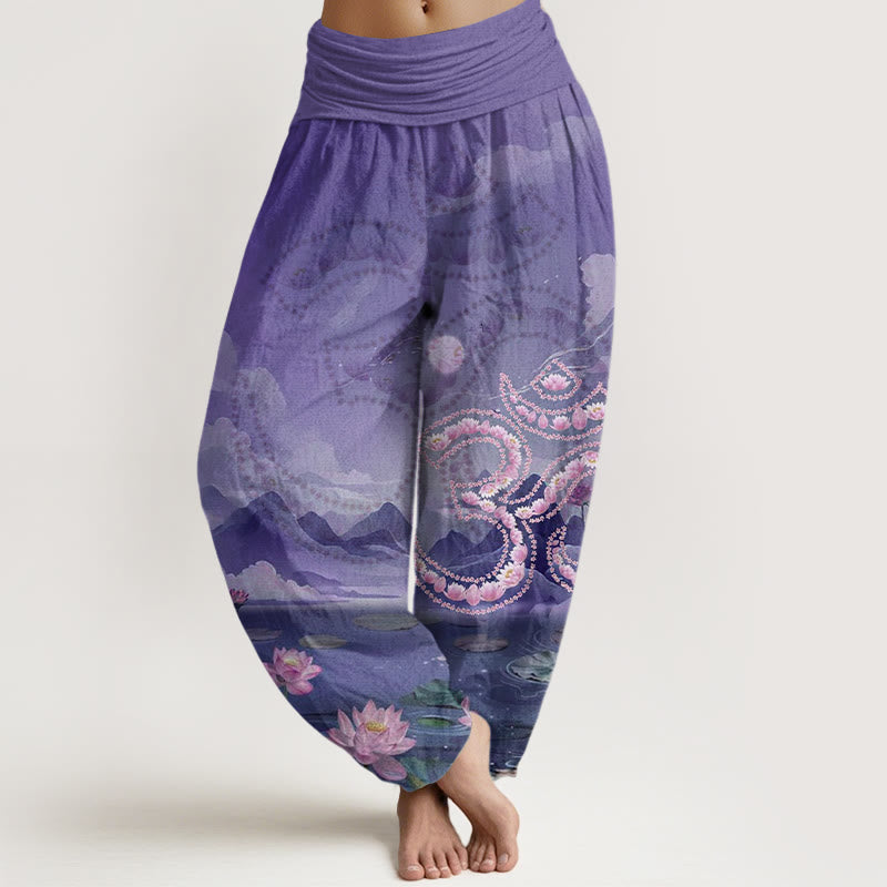 Cotton Modal-Waist Draped Lotus Print Meditation Harem Pants