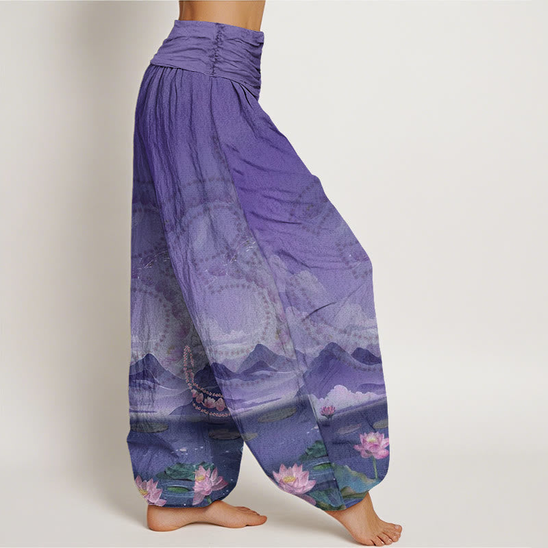 Cotton Modal-Waist Draped Lotus Print Meditation Harem Pants