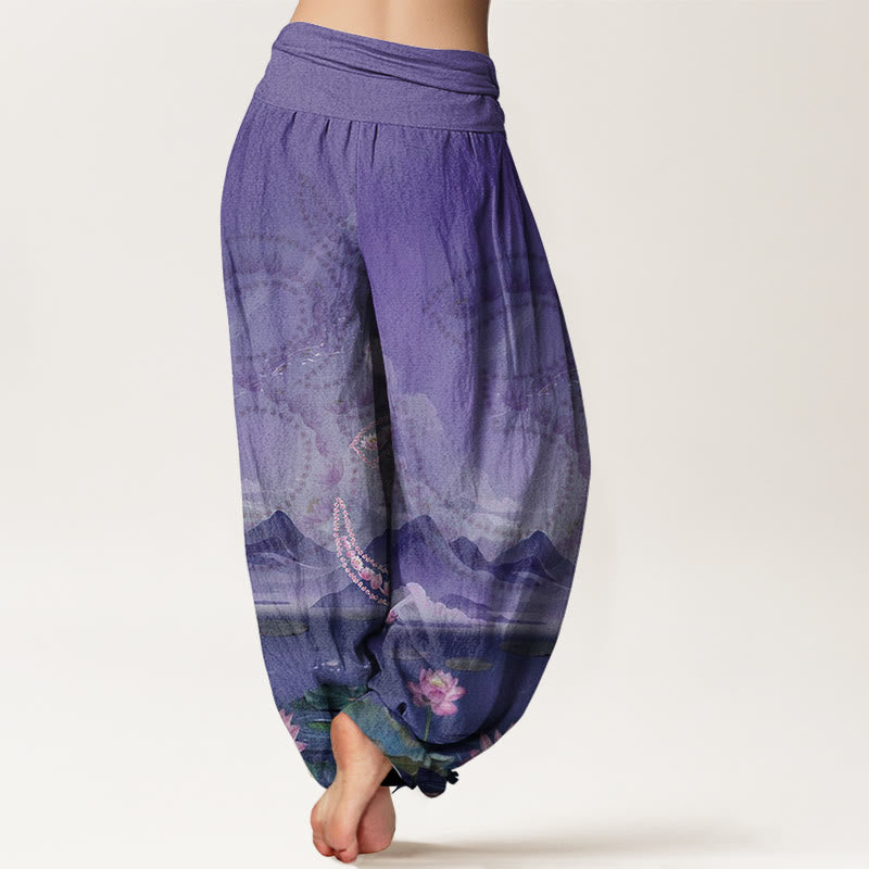 Cotton Modal-Waist Draped Lotus Print Meditation Harem Pants