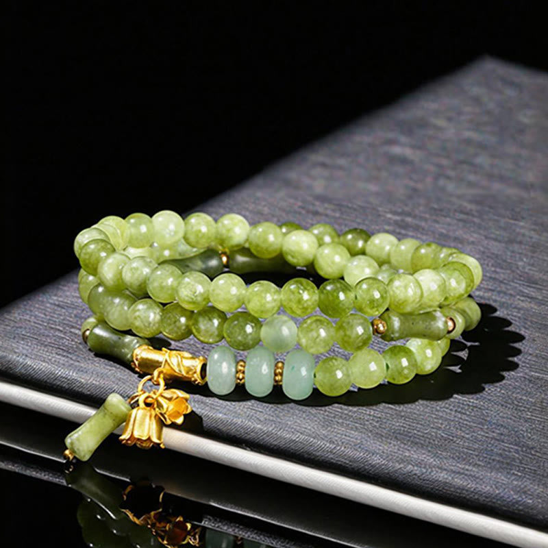 Retro Multilayer Lily of the Valley Bamboo Green Chalcedony Strength Bracelet