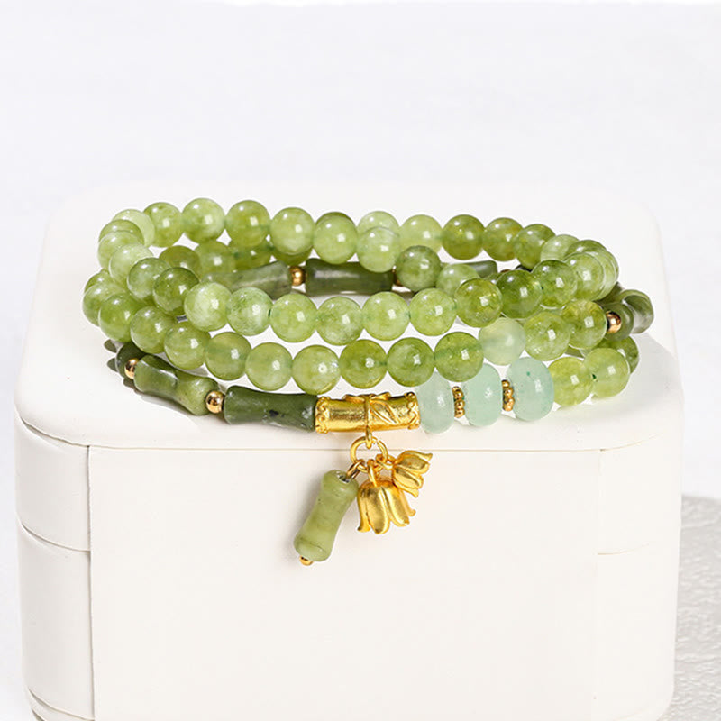 Retro Multilayer Lily of the Valley Bamboo Green Chalcedony Strength Bracelet