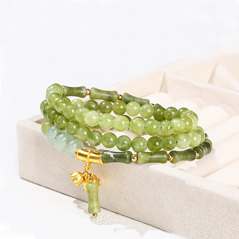 Retro Multilayer Lily of the Valley Bamboo Green Chalcedony Strength Bracelet