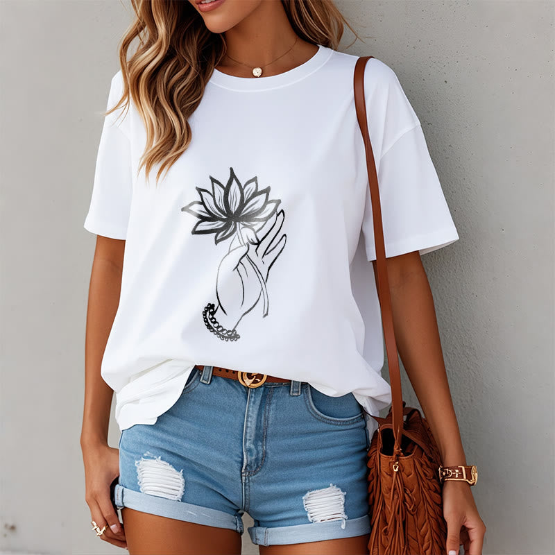 Soft Cotton Crewneck Lotus Graphic Mindful T-Shirt