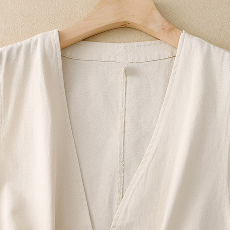 Solid Color Front Buttons Sleeveless Women's Cotton Waistcoat With Pockets