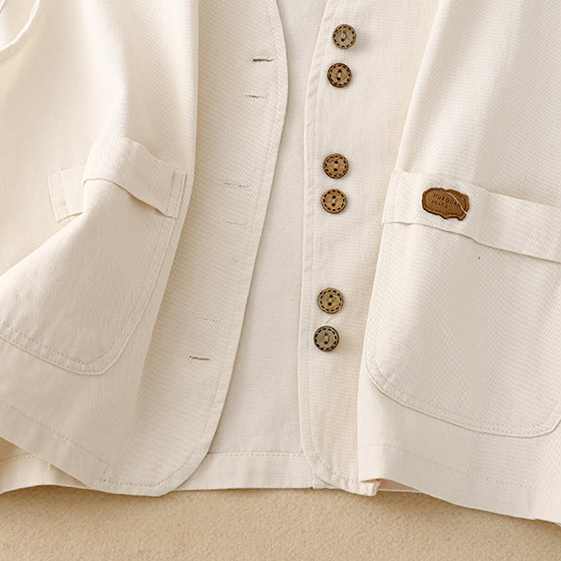 Solid Color Front Buttons Sleeveless Women's Cotton Waistcoat With Pockets