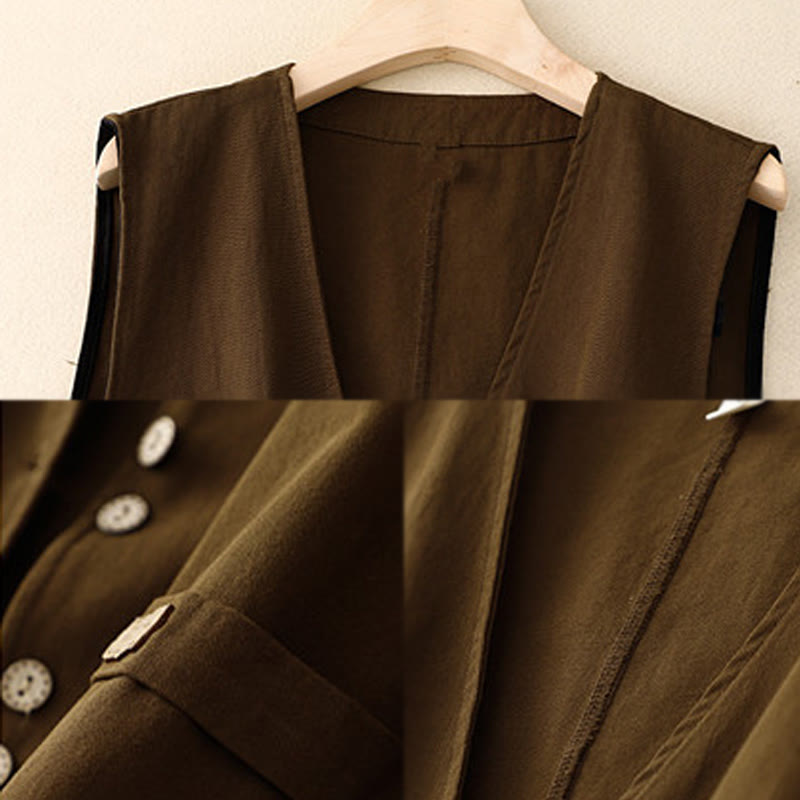 Solid Color Front Buttons Sleeveless Women's Cotton Waistcoat With Pockets