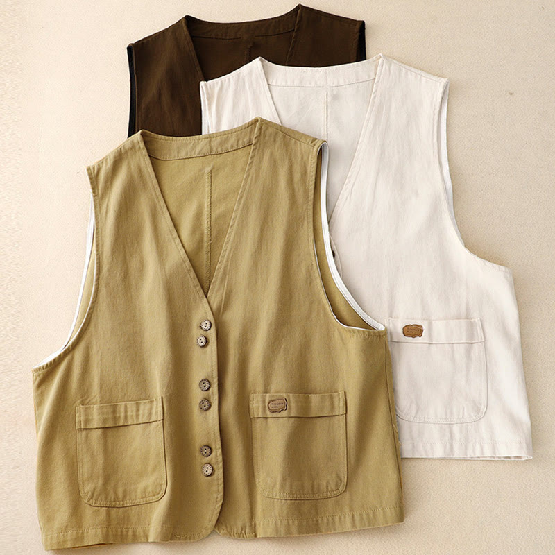 Solid Color Front Buttons Sleeveless Women's Cotton Waistcoat With Pockets
