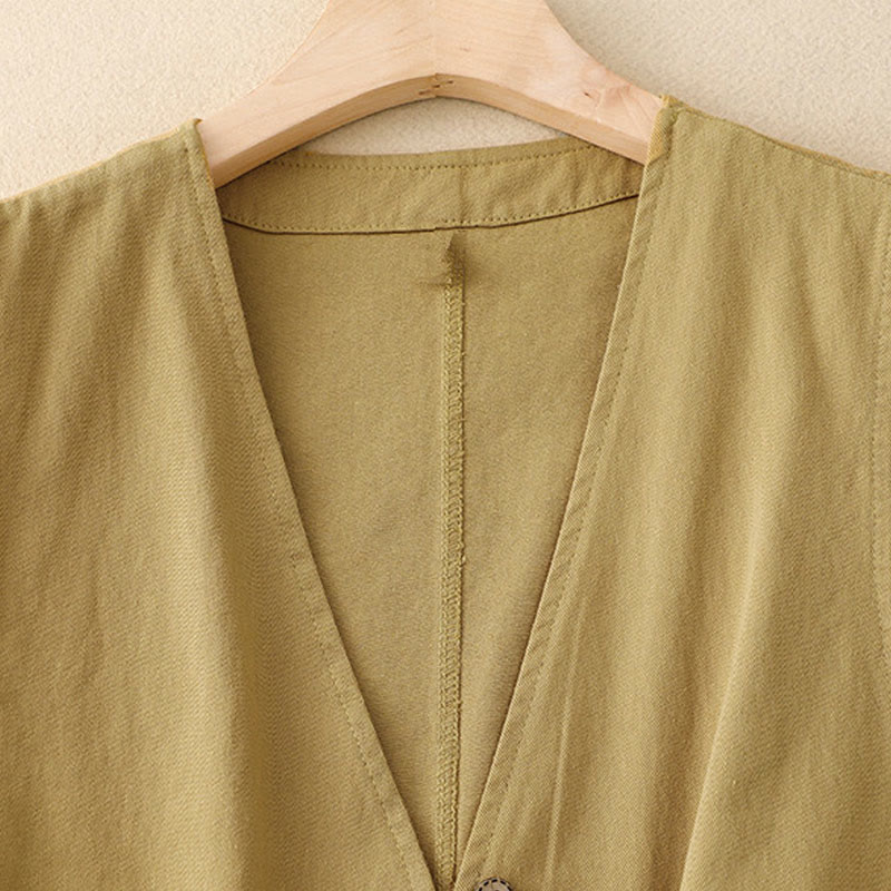 Solid Color Front Buttons Sleeveless Women's Cotton Waistcoat With Pockets
