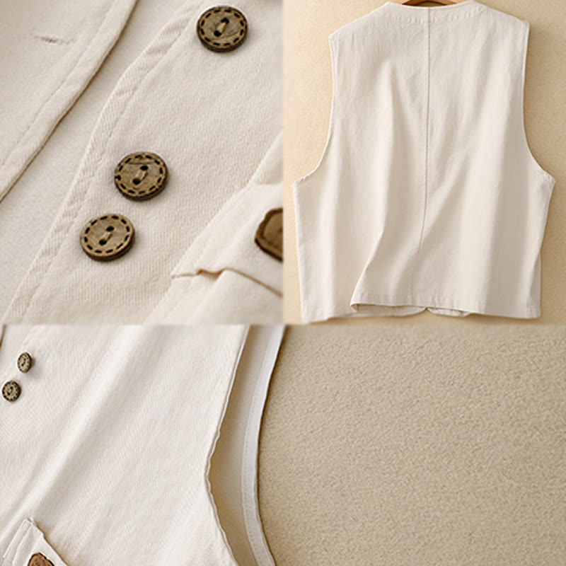 Solid Color Front Buttons Sleeveless Women's Cotton Waistcoat With Pockets