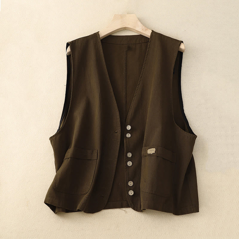 Solid Color Front Buttons Sleeveless Women's Cotton Waistcoat With Pockets