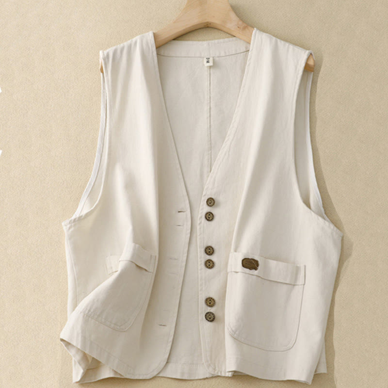 Solid Color Front Buttons Sleeveless Women's Cotton Waistcoat With Pockets