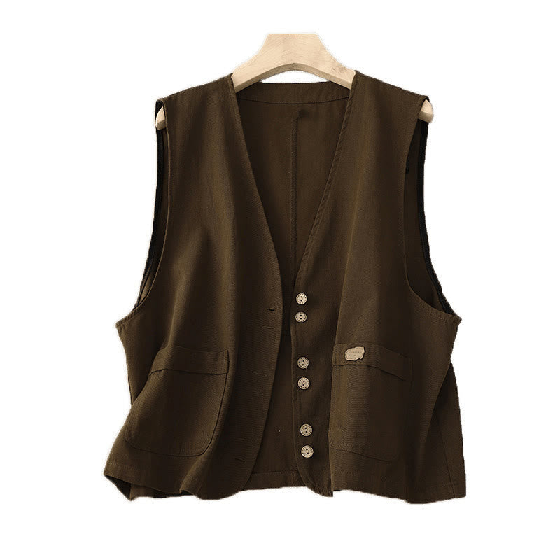 Solid Color Front Buttons Sleeveless Women's Cotton Waistcoat With Pockets