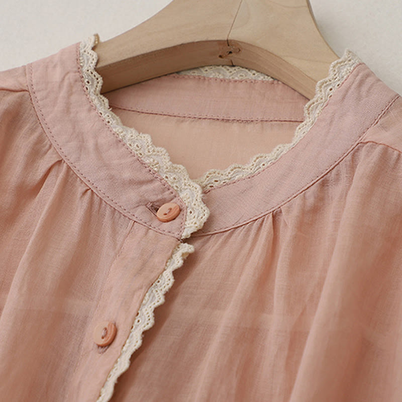 Pure Color Lace Design Long Lantern Sleeve Women's Cotton Linen Shirt