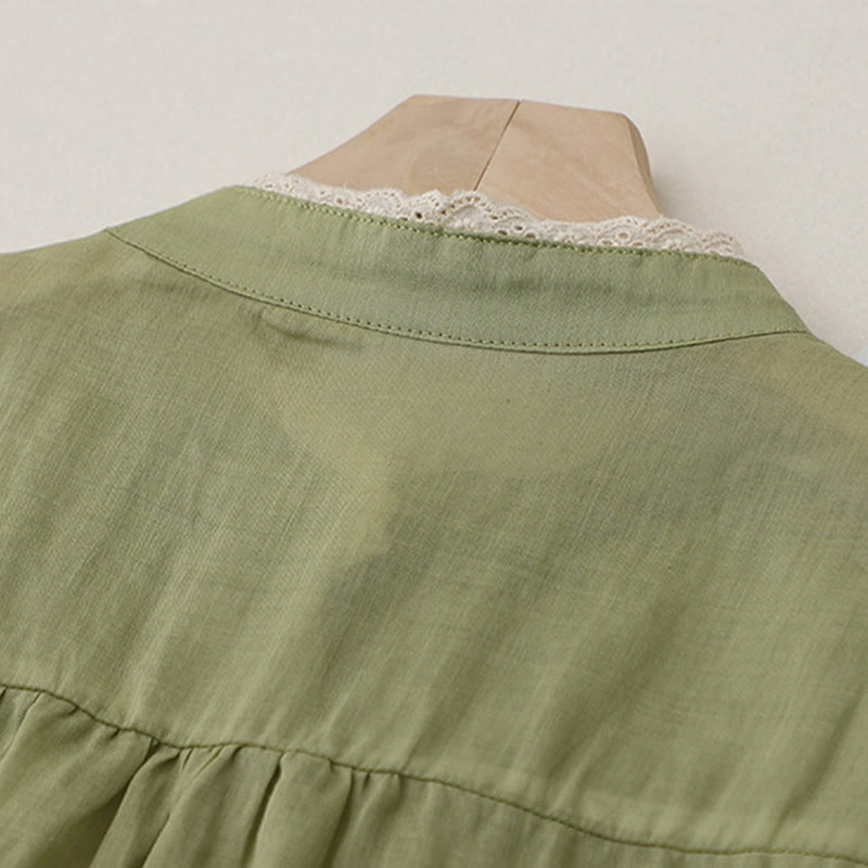 Pure Color Lace Design Long Lantern Sleeve Women's Cotton Linen Shirt