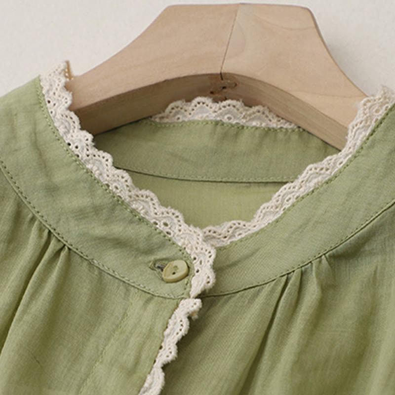 Pure Color Lace Design Long Lantern Sleeve Women's Cotton Linen Shirt