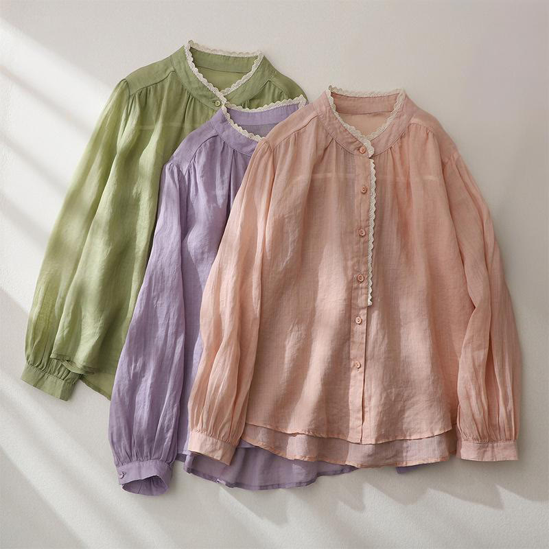 Pure Color Lace Design Long Lantern Sleeve Women's Cotton Linen Shirt