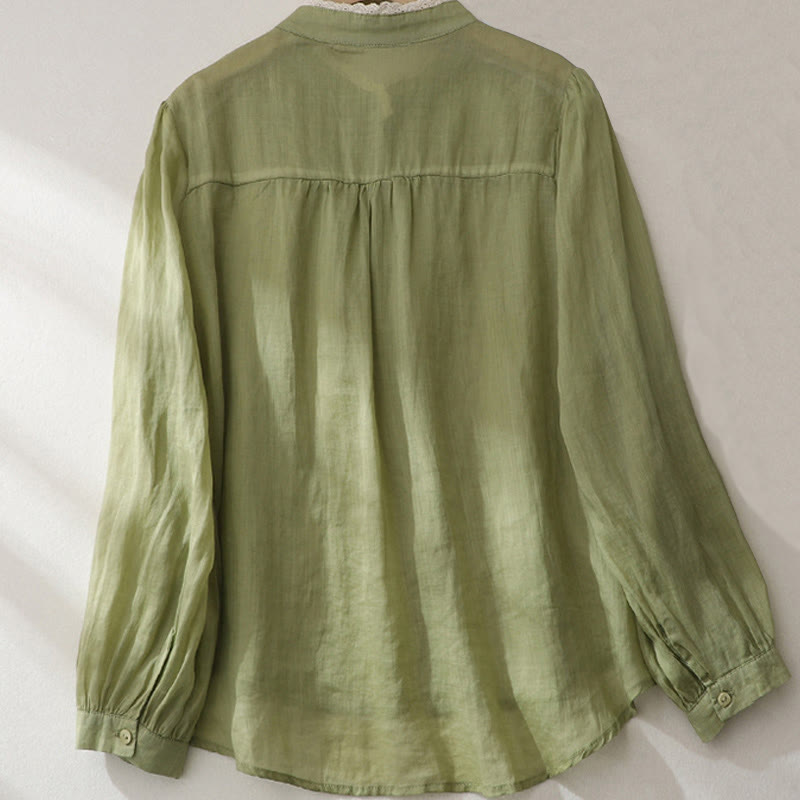 Pure Color Lace Design Long Lantern Sleeve Women's Cotton Linen Shirt