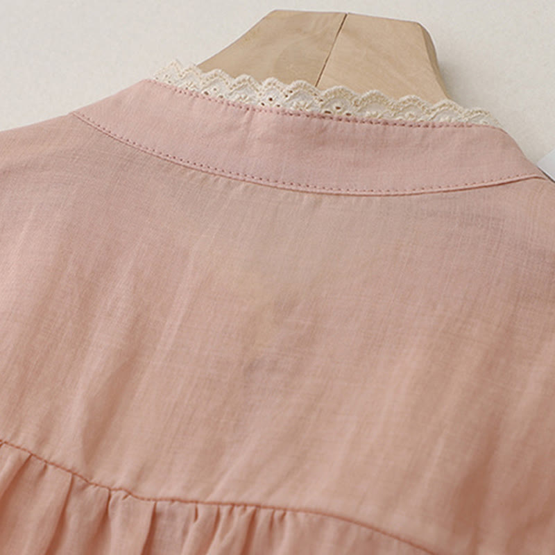 Pure Color Lace Design Long Lantern Sleeve Women's Cotton Linen Shirt