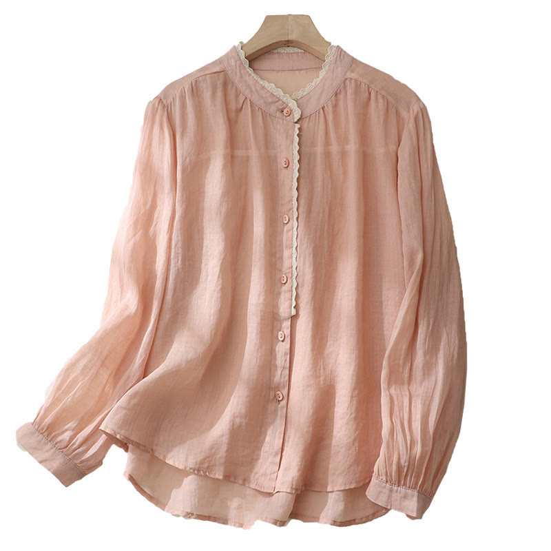 Pure Color Lace Design Long Lantern Sleeve Women's Cotton Linen Shirt