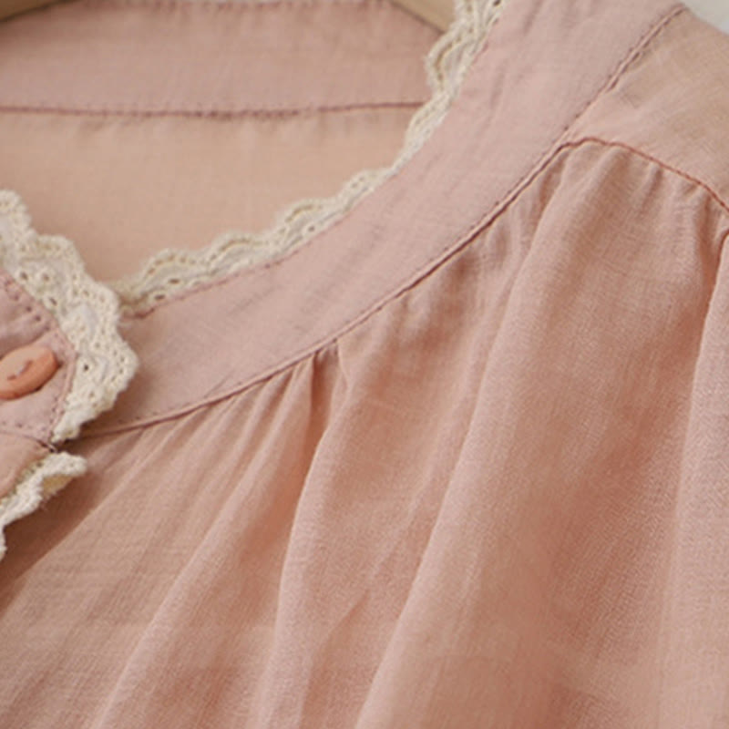 Pure Color Lace Design Long Lantern Sleeve Women's Cotton Linen Shirt