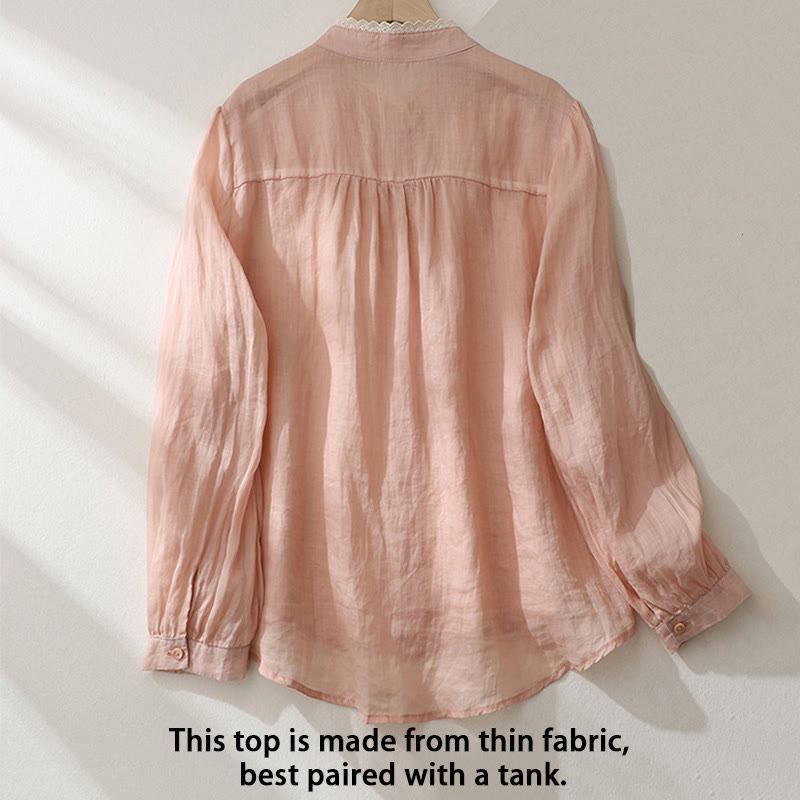 Pure Color Lace Design Long Lantern Sleeve Women's Cotton Linen Shirt
