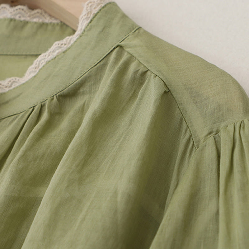 Pure Color Lace Design Long Lantern Sleeve Women's Cotton Linen Shirt